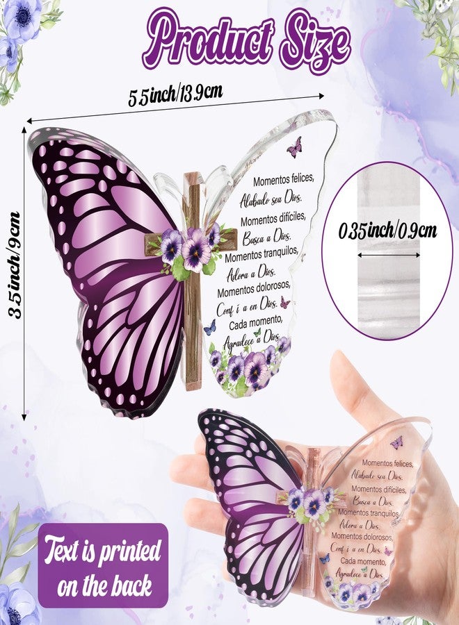 JAPBOR Acrylic Christian Religious Gifts - Spanish Bible Verses God Faith Inspirational Scripture Present for Women, Serenity Butterfly Cross Prayer Keepsake Desk Decor for Home Birthday (Violets) - Image 2
